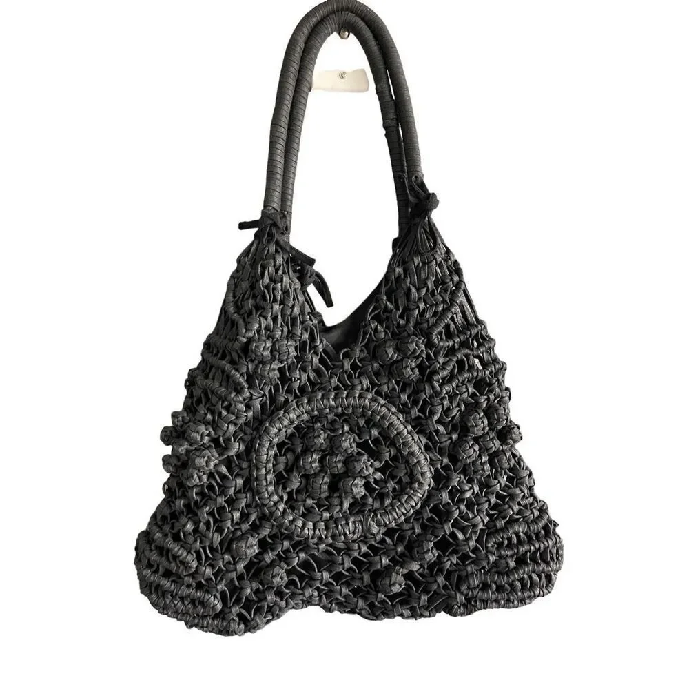Clever Carriage Company Womens Black Crocheted Positano Hand Macrame Satchel Bag